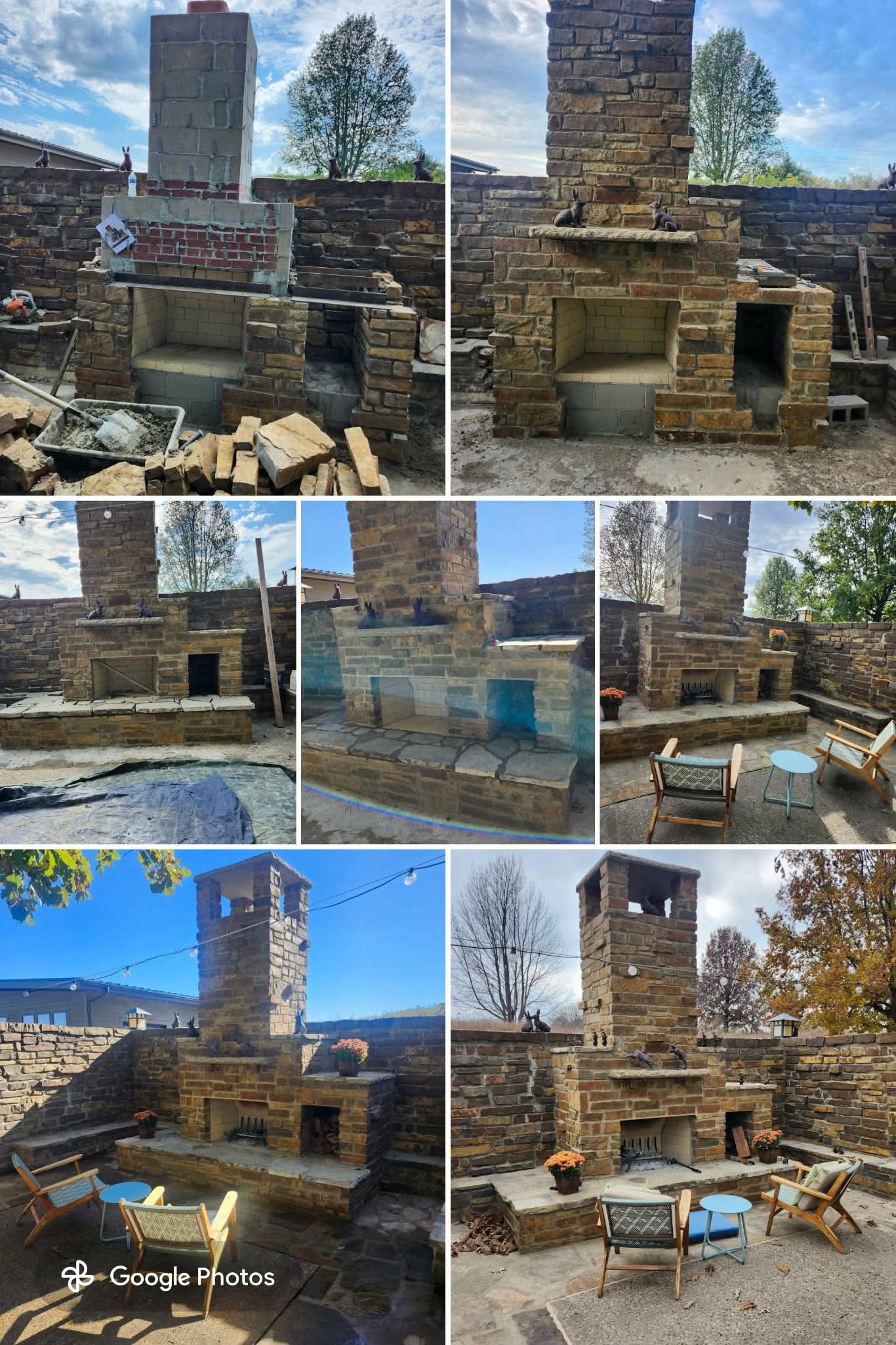 Before and after stone fireplace and patio project by Sharp Brick and Stone Kansas City